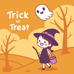 Obraz premium Cute Witch Girl Trick or Treating — Adorable Halloween Cartoon for Party Invitations and Cards