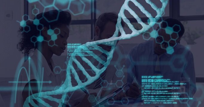 Discussing three scientists collaborating at desk in research lab, with holographic DNA helix