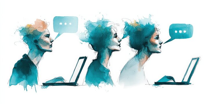 Digital Communication: Artistically rendered illustration captures the essence of digital communication, as depicted by human figures engaging with laptops and digital bubbles of thought.