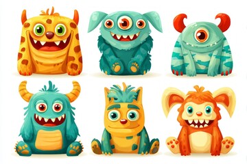 Fototapeta premium Six whimsical cartoon monsters displaying cheerful expressions. Each monster has a unique color and design, showcasing their friendly and playful nature