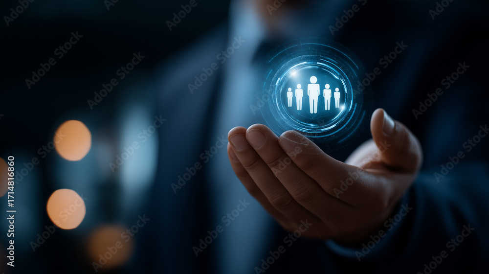 Poster human resource manager hands holding digital team icon hologram representing employee data system an