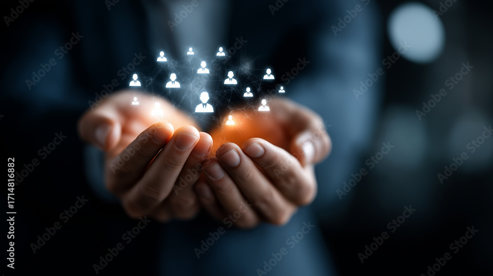 Poster human resource manager hands holding digital team icon hologram representing employee data system an