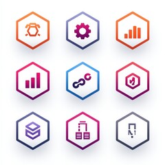 Fototapeta premium Tech Hexagon Icons: A visually stunning array of hexagon-shaped icons representing various aspects of modern technology, interconnected and vibrant.