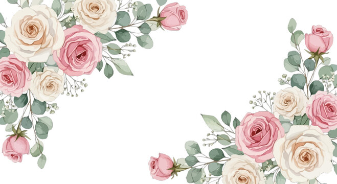 Watercolor rose and eucalyptus corner arrangement, perfect for wedding invitations, cards, or creative designs