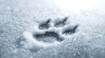 Paw Print in Snow: A detailed close-up reveals a solitary paw print pressed into the pristine surface of fresh snow, evoking a sense of quiet winter beauty and the presence of unseen wildlife.