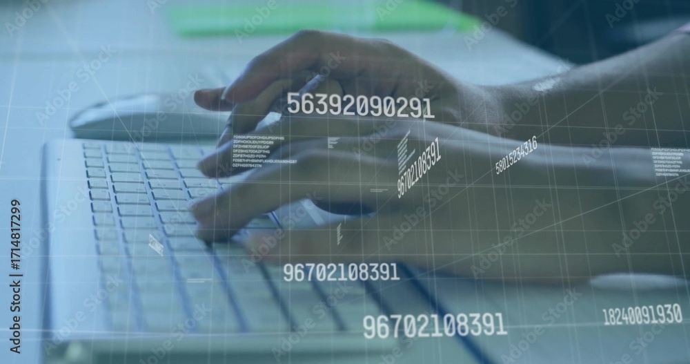 Poster hands typing on laptop keyboard creating numeric grids on office desk, with wireless mouse notebook