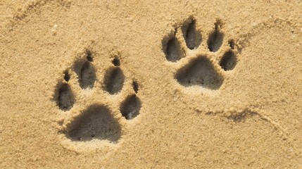 Paw Prints in Sand: These two unique animal paw prints, imprinted on the surface of warm, soft, natural golden sand. These footprints provide a strong sense of nature, travel, journey and wilderness.