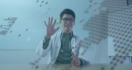 Waving doctor in lab coat gesturing at table in office, with stethoscope glasses whiteboard overlay