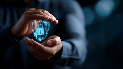 Security specialist hands with digital padlock icon hologram on shield representing data protection and cyber defense on dark background. cybersecurity data protection online sec