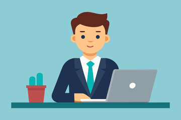 Businessman vector cartoon character in a suit with a laptop shows success and an idea for a job