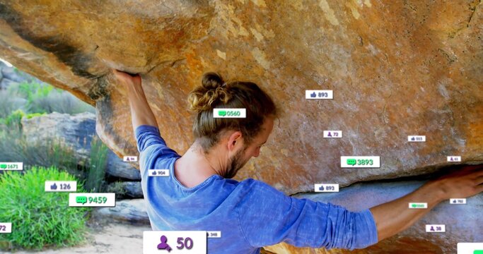 Climbing man wearing blue shirt gripping boulder at boulder field, floating social media counters - Powered by Adobe