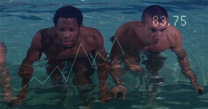 Pedaling two men in fitness pool with underwater bike handlebars, grid overlay and line graph 83