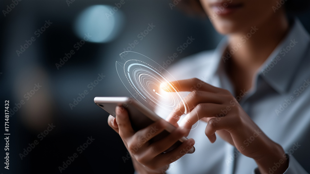 Poster contact center agent hands using smartphone and chatbot system hologram for online support and custo