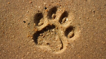 Paw Print in Sand: A detailed, close-up shot of a single paw print embedded in soft, textured sand, capturing the essence of a wild, free spirit wandering through the environment.