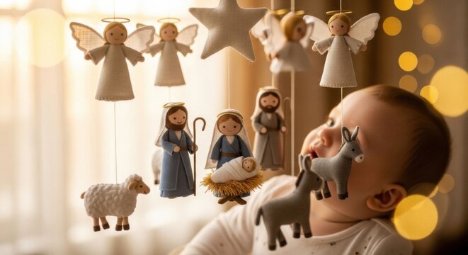 Curious baby looking up at a Christmas nativity mobile with angels and figures. Christian decor for home and nursery during the holiday season. - Powered by Adobe