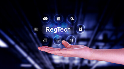 Regtech, Regulatory technology concept, management of regulatory processes with financial industry through technology, Regulatory monitoring, reporting and compliance, Machine learning tech.