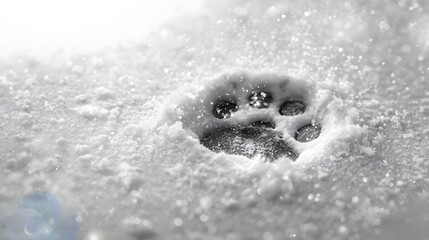 Paw Print Impression: A detailed close-up captures the stark beauty of a single paw print, pressed deeply into a layer of glistening snow, revealing a fleeting moment in the untamed wild.