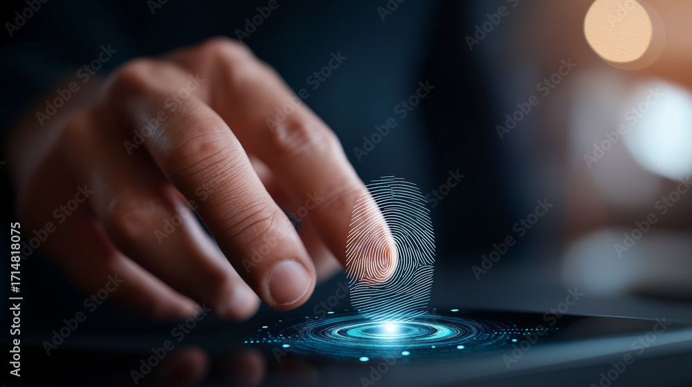 Poster biometric authentication specialist hands scanning fingerprint hologram for cybersecurity and digita