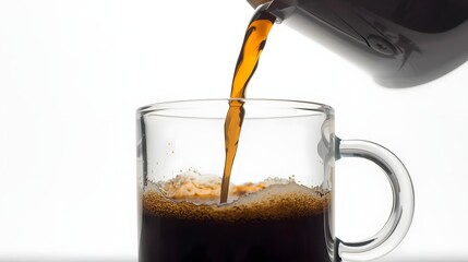 Pouring Coffee: A close-up captures the art of pouring fresh coffee from a carafe into a clear glass mug, highlighting the rich color and aroma of the beverage.