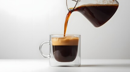 Coffee Pour: A glass mug is being filled with a freshly brewed aromatic coffee drink, creating a moment of warmth, rich flavor, and invigoration.