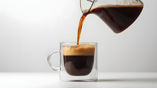 Coffee Pour: A glass mug is being filled with a freshly brewed aromatic coffee drink, creating a moment of warmth, rich flavor, and invigoration. - Powered by Adobe