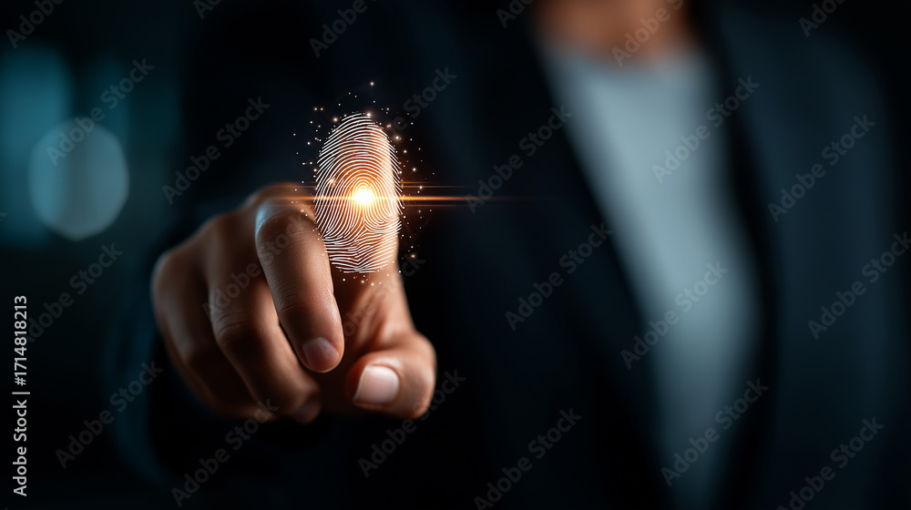 Poster biometric authentication specialist hands scanning fingerprint hologram for cybersecurity and digita