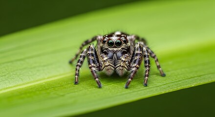 Macro shot of a jumping spider with striking green eyes on a leaf