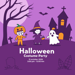 Halloween Costume Party Invitation with Cute Kids — Spooky Cartoon Flyer & Poster Template
