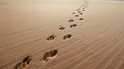 Footprints in the Sand: An expansive shot of footprints etched into the rippled sand, symbolizing a journey of exploration, endurance, and the unique stories each step leaves behind.