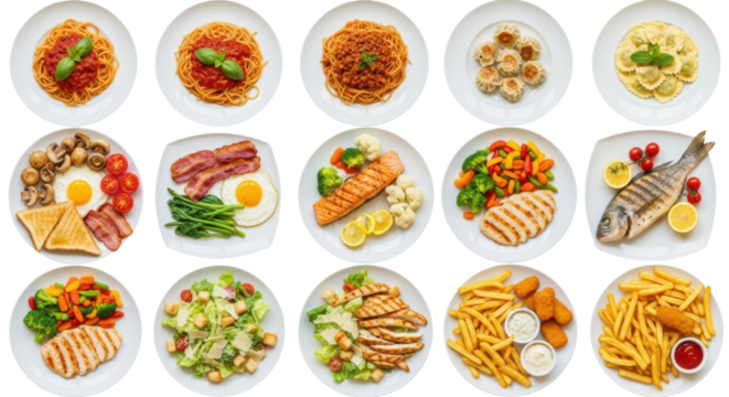 A collection of twelve diverse, freshly prepared meals on transparent plates, top-down, minimalist studio background with copy space. Culinary diversity concept