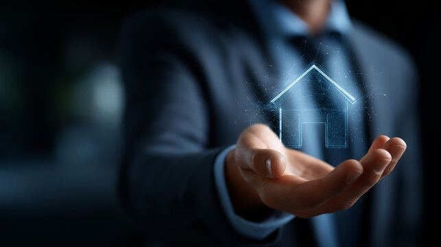 Mortgage broker hands analyzing home loan interest rates hologram using digital interface for real estate financing on dark background. home loan analysis mortgage application