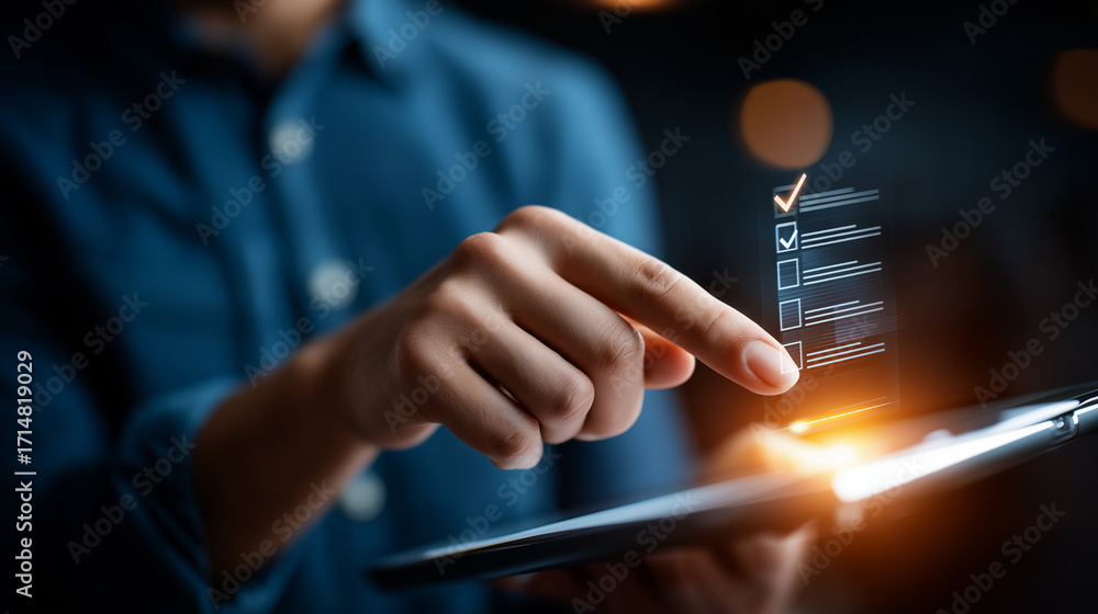 Poster workflow manager hands interacting with digital checklist interface hologram for document approval a