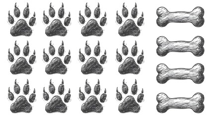 Paw Prints and Bone Composition: An artistic monochrome composition of paw prints and bones, evoking the playful spirit of furry companions. Perfect for designs related to pets and pet care.