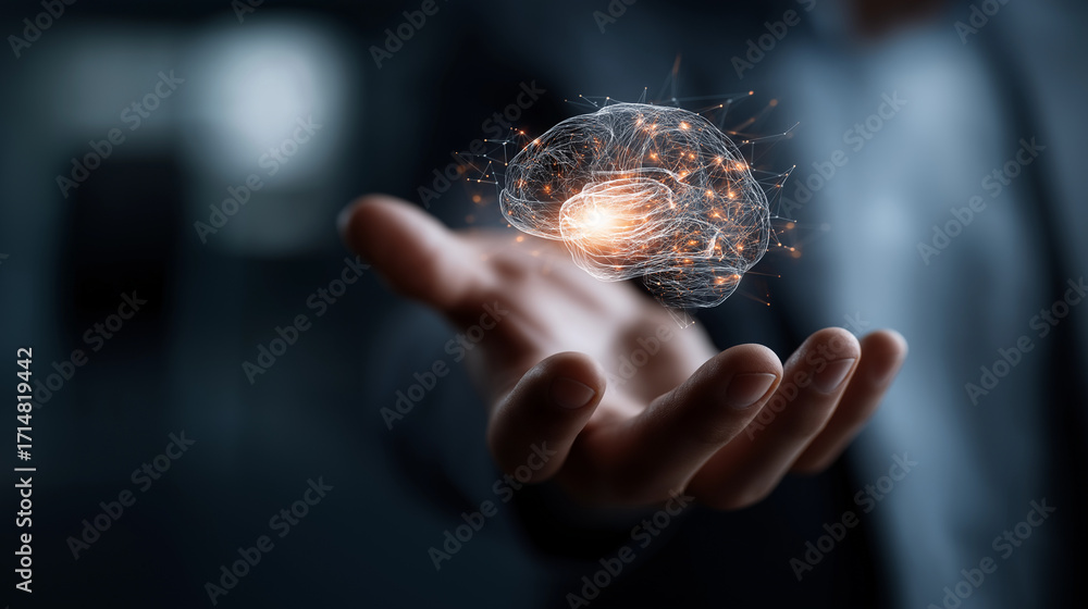 Poster ai researcher hands with digital brain hologram above palm representing futuristic innovation and hu