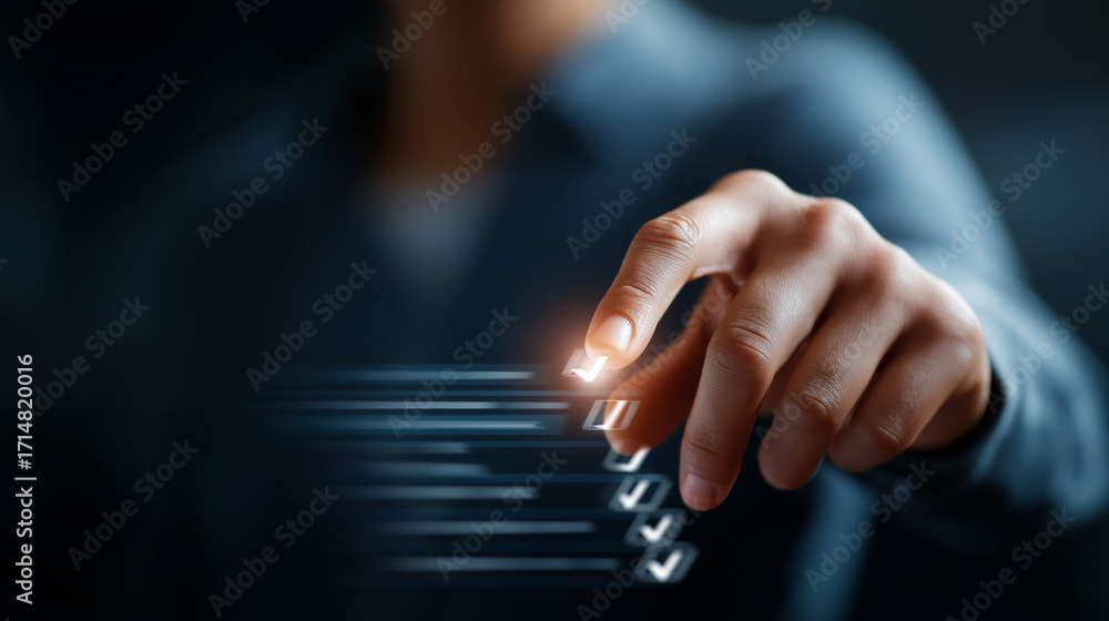 Poster productivity manager hands using finger to check virtual tasks hologram on digital checklist for wor