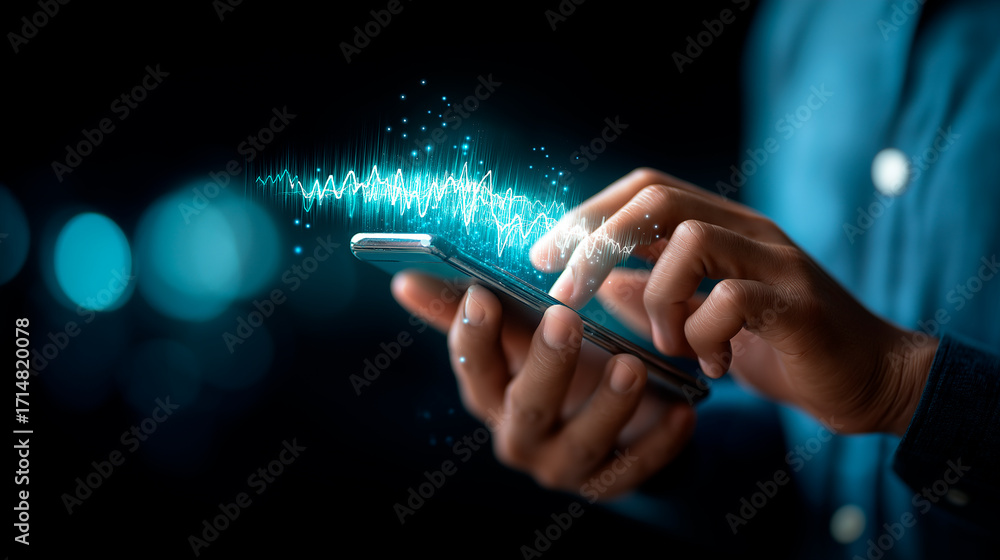Poster male hand holding smartphone with holographic sound waves and ai icons glowing above device on dark 