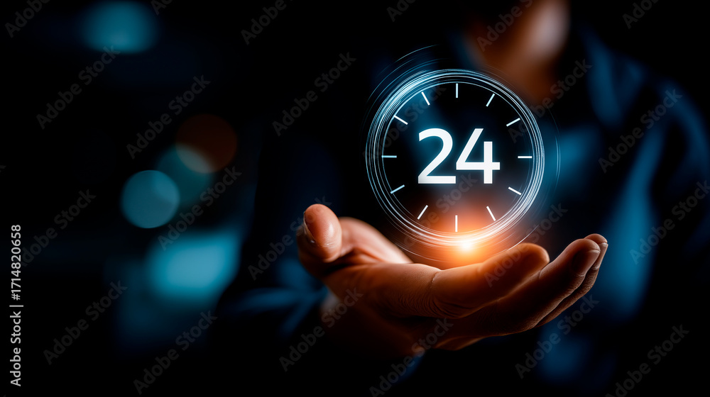 Poster customer service manager hands holding digital clock icon hologram for 24/7 nonstop support and busi