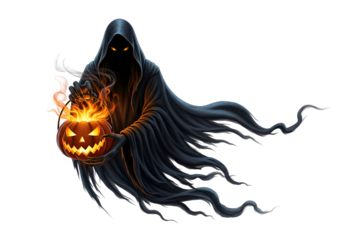 A dark, hooded figure, shrouded in shadows, holds a glowing pumpkin lantern aloft, its light illuminating the figure's shadowy presence against a black background.