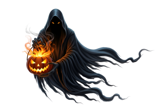 A dark, hooded figure, shrouded in shadows, holds a glowing pumpkin lantern aloft, its light illuminating the figure's shadowy presence against a black background.