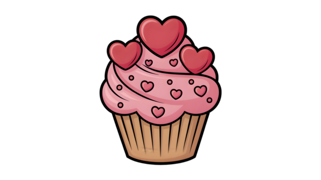 Valentines Day Pink Cupcake with Hearts - Cute Cartoon Illustration