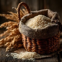 Farm fresh rice grains in natural basket high resolution picture