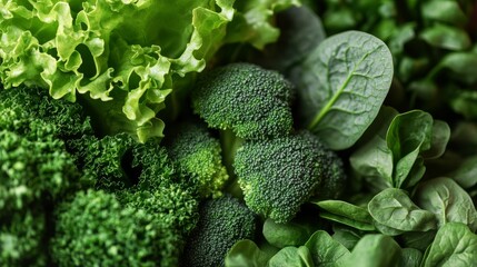 "Vitamin K1" A close-up of fresh, green vegetables like kale, spinach, lettuce, and broccoli, arranged in a neat and clean composition. Vitamin K1 molecules are subtly glowing around the greens, empha