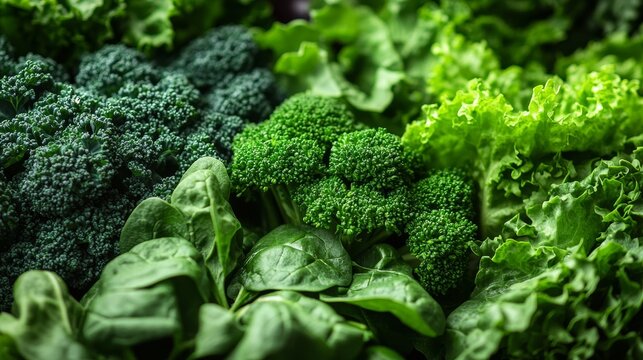 "Vitamin K1" A close-up of fresh, green vegetables like kale, spinach, lettuce, and broccoli, arranged in a neat and clean composition. Vitamin K1 molecules are subtly glowing around the greens, empha