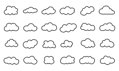 Set of 24 cloud vector illustrations, black outline shapes in simple minimalist line art, doodle weather collection isolated on white background, scalable EPS bundle for decoration, graphic design