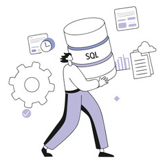 Data professional carrying large SQL database cylinder, representing data management success