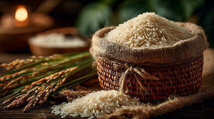 Fresh rice with stalks near rustic basket high resolution picture