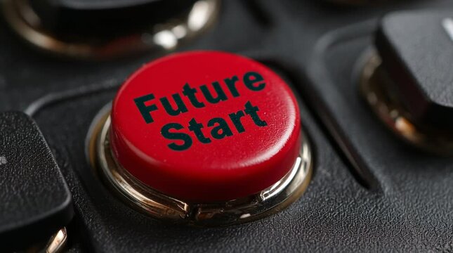 Human Finger Presses a Bright Red Button with future Start in Green Letters, Symbolizing New Beginnings, Ambition, and the Initiation of Future Plans and Opportunities