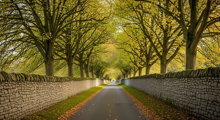 Serene Autumnal Avenue - Stone Walls, Canopy of Trees, Golden Light, Peaceful Pathway.