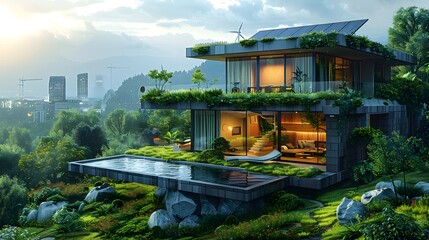 Futuristic luxury villa with infinity pool high resolution picture