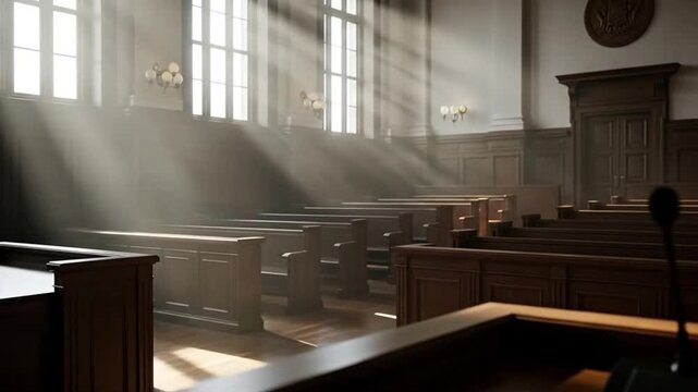 empty classic courtroom made of wood with dramatic sun rays coming through the high windows, justice system and the power of law, concept of law and order in society